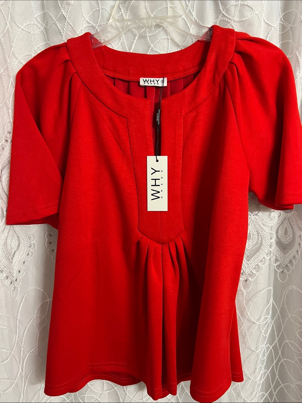 WHYred Red Pleated-Front Short Sleeve Tunic
